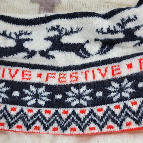 H&M Festive Reindeer Sweater Womens L White Off The Shoulder Holiday Christmas - Picture 11 of 16